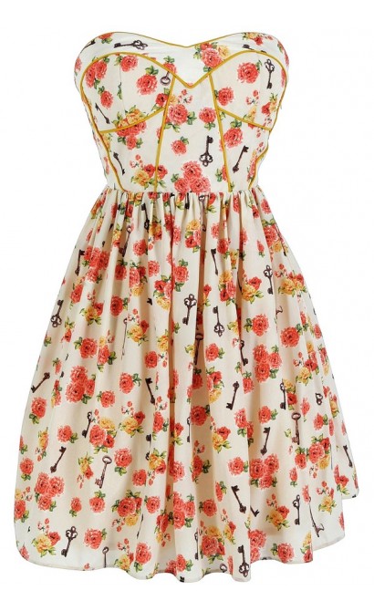 Key To My Heart Printed Designer Dress by Minuet in Cream